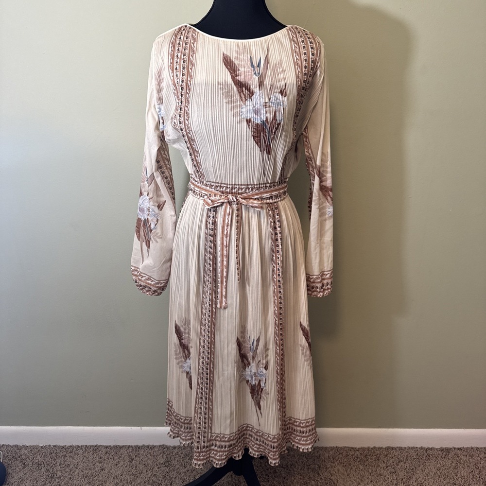 Vintage Hal Ferman Dress 1970s Boho Cream Brown Floral Sheer Long Sleeve Size 8